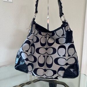 COACH Poppy Glam Signature Black and Silver Tote with Patent Leather Trim NWOT.